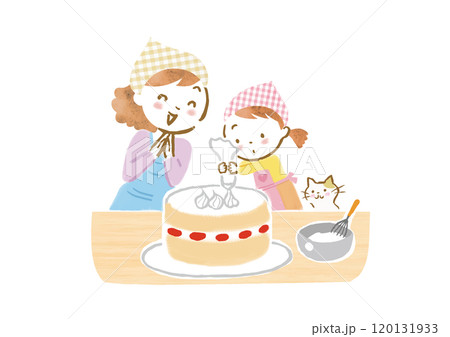 親子(母親と娘)でケーキ作りをしているイラスト 親子(母親と娘)でケーキ作りをしているイラスト 120131933
