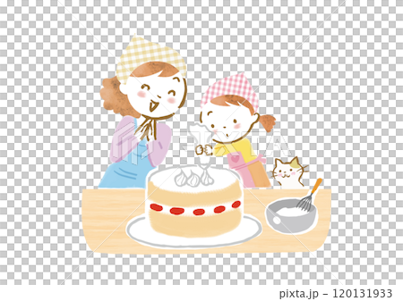 親子(母親と娘)でケーキ作りをしているイラスト 親子(母親と娘)でケーキ作りをしているイラスト 120131933