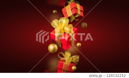 Red gift levitation with golden bows on red background. Gift and holiday concept. Banner poster photo Red gift levitation with golden bows on red background. Gift and holiday concept. Banner poster photo 120132252