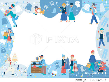 ショッピングする人々　フラットデザイン　A3　横長　冬 120132393