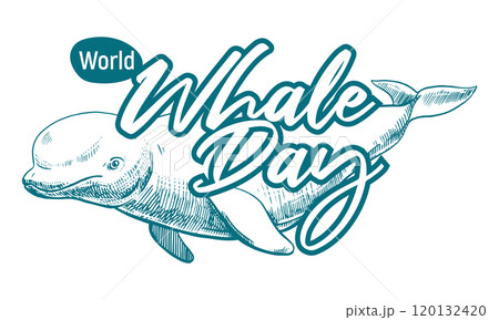 Emblem with an appeal to save marine mammals. Whale Day, February 19, 2025. Vector monochrome linear drawing of a beluga whale. Concept of the problem of preserving animal diversity in the ocean. 120132420