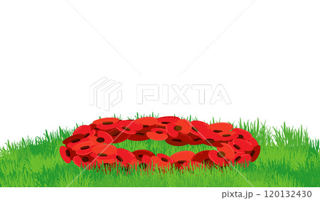 Horizontal banner for Remembrance Day, also known as Poppy Day. Wreath of paper poppies lies on green grass. Traditional symbol of November 11. Vector illustration in flat style. 120132430