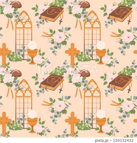 Vector background with attributes of the first communion. Golden wine cup, bread, Bible, rosary, white roses and crucifix. Seamless pattern with Christian symbols. Clipart for holiday invitations. Vector background with attributes of the first communion. Golden wine cup, bread, Bible, rosary, white roses and crucifix. Seamless pattern with Christian symbols. Clipart for holiday invitations. 120132432