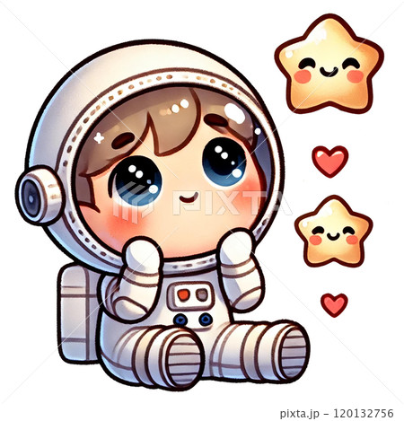 A cute astronaut character filled with wonder, gazing at twinkling stars in space. 120132756