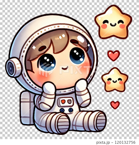 A cute astronaut character filled with wonder, gazing at twinkling stars in space. 120132756