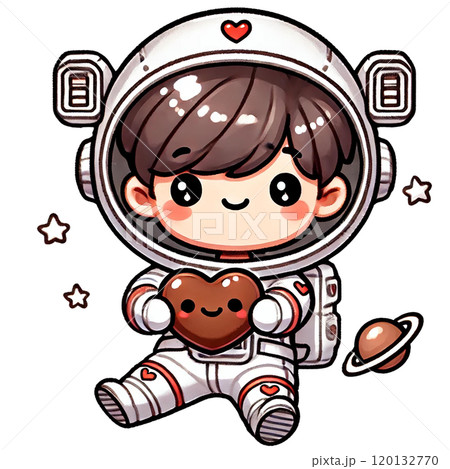 Cute astronaut character holding a heart in a whimsical outer space setting. 120132770