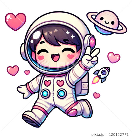Cute astronaut character surrounded by hearts and planets, expressing joy and adventure. Cute astronaut character surrounded by hearts and planets, expressing joy and adventure. 120132771