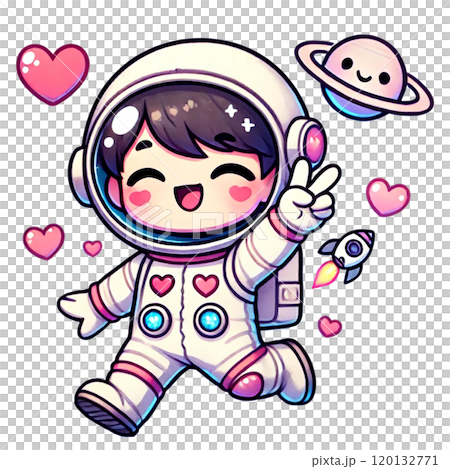 Cute astronaut character surrounded by hearts and planets, expressing joy and adventure. Cute astronaut character surrounded by hearts and planets, expressing joy and adventure. 120132771