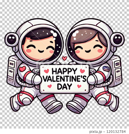 Cute cartoon astronauts celebrating Valentine's Day with a heartwarming sign. 120132784