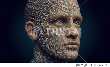 A mesmerizing portrait composed entirely of DNA strands and genetic symbols. A mesmerizing portrait composed entirely of DNA strands and genetic symbols. 120132793