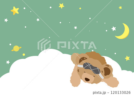 夜空と雲の上で眠っているクマのぬいぐるみのイラスト2 120133026