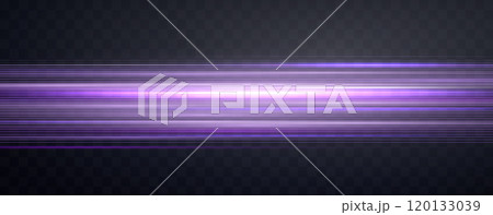 Speed rays, velocity light neon flow, zoom in motion effect, purple glow speed lines, colorful light trails, stripes. Abstract background, vector illustration. 120133039