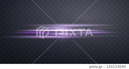 Purple horizontal lensflare. Sun flash with rays or gold spotlight and bokeh. Purple glow flare light effect. Vector illustration 120133040