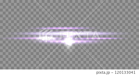 Purple horizontal lensflare and particles. Light flash with rays or violet spotlight and sparkles. Glow flare light effect. Vector illustration. 120133041
