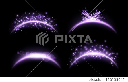 Purple magic arches set with glowing particles, sunlight lens flare. Neon realistic energy flare arch. Abstract light effect on a black background. Vector illustration. 120133042