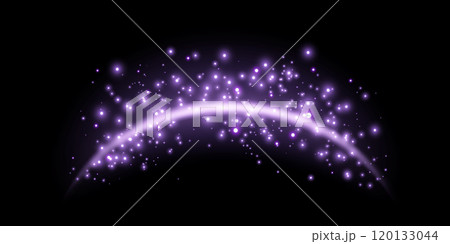 Purple magic arch with glowing particles, sunlight lens flare. Neon realistic energy flare arch. Abstract light effect on a black background. Vector illustration. 120133044