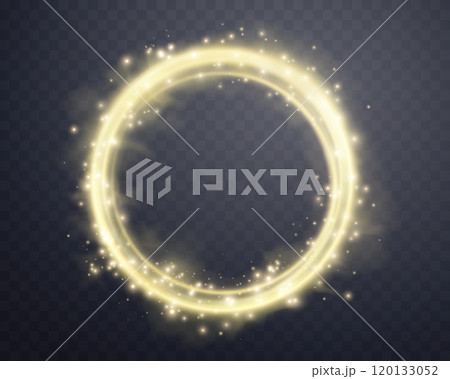 Gold magic glowing ring with smoke. Neon realistic energy flare halo ring. Abstract light effect on a dark transparent background. Vector illustration. 120133052