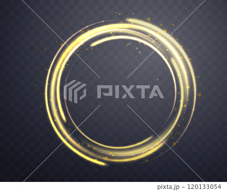 Gold magic glowing ring. Neon realistic energy flare halo ring. Abstract light effect on a dark transparent background. Vector illustration. Gold magic glowing ring. Neon realistic energy flare halo ring. Abstract light effect on a dark transparent background. Vector illustration. 120133054