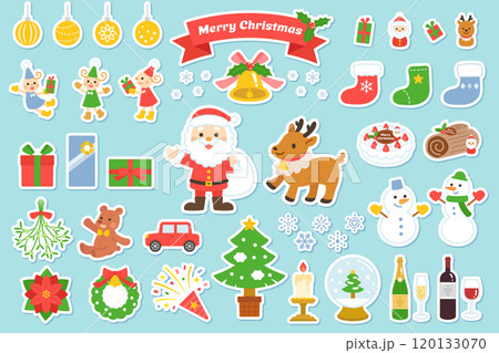 かわいいクリスマスのイラスト素材セット シール風 かわいいクリスマスのイラスト素材セット シール風 120133070