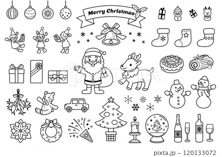 かわいいクリスマスのイラスト素材セット モノクロ かわいいクリスマスのイラスト素材セット モノクロ 120133072