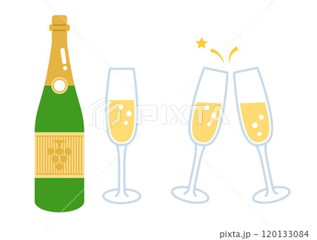 シャンパンのボトルとグラスのイラスト　乾杯 120133084