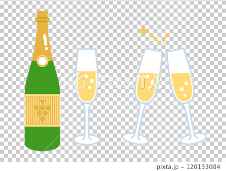 シャンパンのボトルとグラスのイラスト　乾杯 120133084