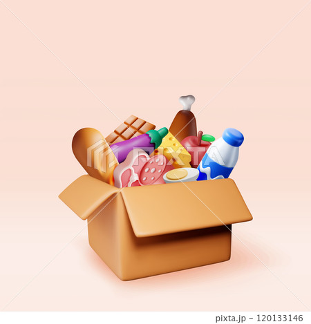 3D Cardboard box with food isolated. 3D Cardboard box with food isolated. 120133146