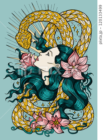 Hand drawn colorful vector illustration with beautiful girl and snake - symbol of the year according to eastern horoscope. Graphic artwork with esoteric, gothic and mystic concept Hand drawn colorful vector illustration with beautiful girl and snake - symbol of the year according to eastern horoscope. Graphic artwork with esoteric, gothic and mystic concept 120133499