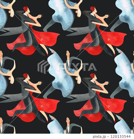 Ballroom dancing, standard. Adult couples on the parquet. Isolated watercolor illustration. Seamless pattern. Black background 120133544