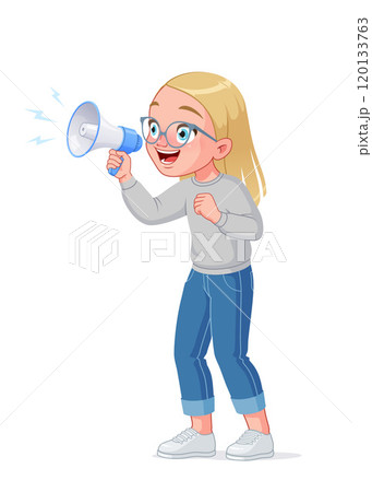 Cute little girl in glasses with a loudspeaker screaming excitedly. Cartoon vector illustration. 120133763