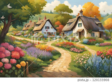 Illustration of the lovely farm village 120133908