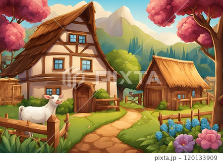 Illustration of the lovely farm village 120133909