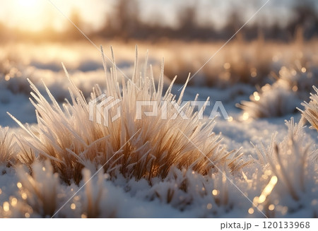 Frosty winter morning macro. Cold weather background concept. Frozen grass on the fields with copy space. 120133968