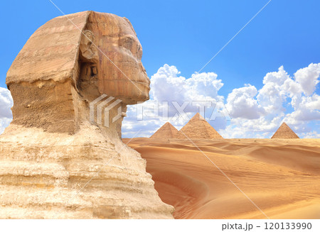 Famous Great Sphinx and pyramids of Chephren, Cheops, Menkaure, Cairo, Egypt. Great Pyramids and statue of Sphinx, mythical creature with head of man and body of lion, Giza complex (Giza Necropolis) Famous Great Sphinx and pyramids of Chephren, Cheops, Menkaure, Cairo, Egypt. Great Pyramids and statue of Sphinx, mythical creature with head of man and body of lion, Giza complex (Giza Necropolis) 120133990
