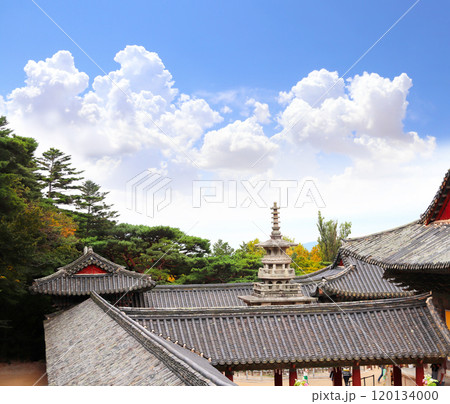 Famous Dabotap Pagoda and roofs of Bulguksa temple, Gyeongju, South Korea. Dabo Pagoda (Pagoda of many treasures) in Bulguksa temple complex on Tohamsan, Jinhyeon-dong, Gyeongju, Republic of Korea 120134000