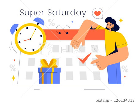 Super Saturday Sale Vector Illustration featuring Enjoy an Exciting Weekend with Amazing Discounts and Retail Shopping Offers for Clearance Deals 120134315