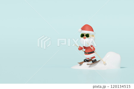 Santa Claus sunglasses skiing with snow hill isolated on blue background. merry christmas and festive new year holiday travel concept, 3d illustration render 120134515