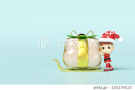 Santa Claus pushing sleigh with gift box isolated on blue background. merry christmas and festive new year concept, 3d illustration render Santa Claus pushing sleigh with gift box isolated on blue background. merry christmas and festive new year concept, 3d illustration render 120134523