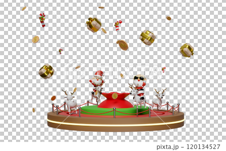 Carousel or merry go round with santa claus, reindeer, bag, coin, gift box, candy cane stick isolated. merry christmas and happy new year, 3d render illustration 120134527