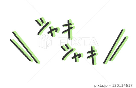 「シャキシャキ」の手書き文字イラスト　新鮮な野菜の擬音　ペン字、落書き風の書体 120134617