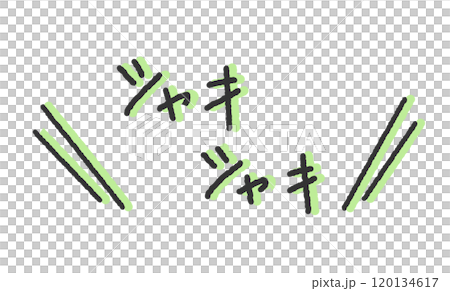 「シャキシャキ」の手書き文字イラスト　新鮮な野菜の擬音　ペン字、落書き風の書体 120134617