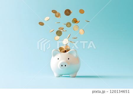 ブタの貯金箱にコインが落ちていくシーン。節約とお金の管理 120134651