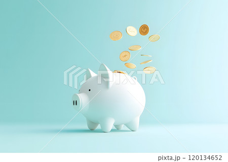 ブタの貯金箱にコインが落ちていくシーン。節約とお金の管理 120134652