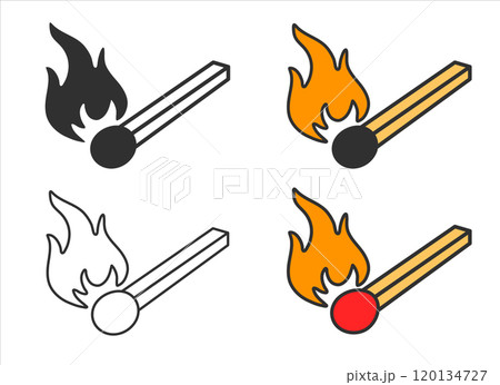Burning match with fire icon symbol. Line art stroke. Match stick flame logo sign. Flammable, burn, ignite. Vector illustration. Isolated on white background. Burning match with fire icon symbol. Line art stroke. Match stick flame logo sign. Flammable, burn, ignite. Vector illustration. Isolated on white background. 120134727