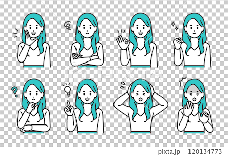 いろいろな表情やポーズをする若い女性のセット【人物ベクターイラスト素材】 120134773