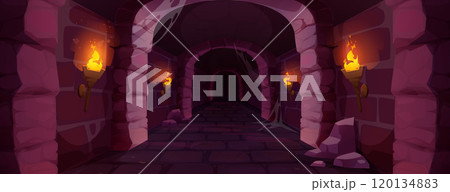 Dark medieval dungeon with stone wall for game 120134883
