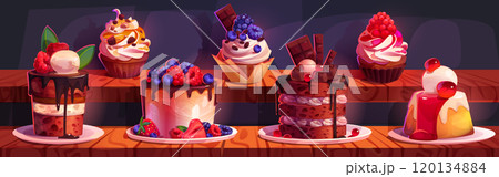 Cake on bakery counter in store. Cute cupcake 120134884