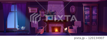 Night cozy interior with burning fireplace Night cozy interior with burning fireplace 120134907