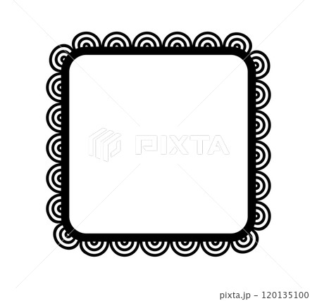 Scalloped edge square frame. Simple rectangle scalloped border. Fabric lace pattern frame. Repeat cute vintage frill ornament. Texture ribbon. Vector illustration isolated on white background Scalloped edge square frame. Simple rectangle scalloped border. Fabric lace pattern frame. Repeat cute vintage frill ornament. Texture ribbon. Vector illustration isolated on white background 120135100