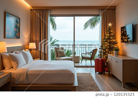 Hotel room with Ocean View with Christmas Tree Inside decor for Christmas on vacation in a tropical country with palm trees at sunset. Travel for Christmas and New Year, tour to the resort. AI 120135325